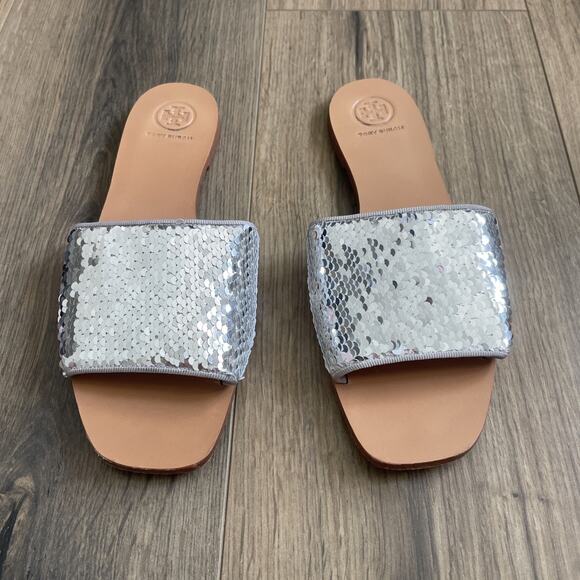 Tory Burch Carter Sequin Slide Sandal Silver Size 8.5 Leather Sole EUC - Picture 1 of 8